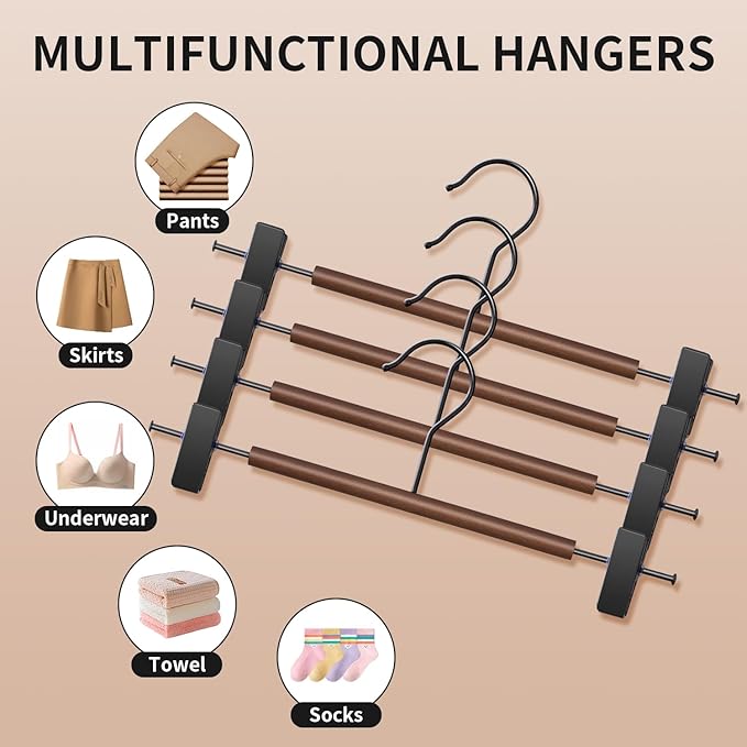Wooden Pants Hangers with Clips 10 Pack Adjustable Wood Skirt Hangers for Women&Men Space Saving Closet Non Slip Clothes Hanger for Jeans,Trousers,Short,12Inch Brown