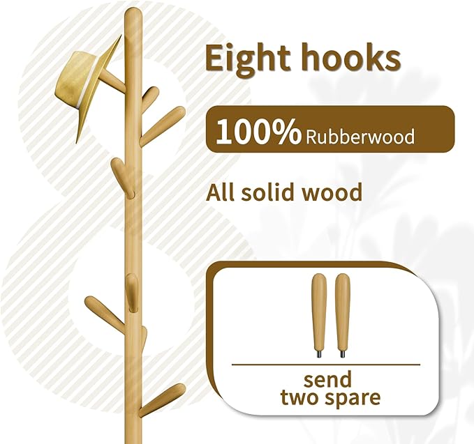 Solid Wood Square Base Coat Rack, Free Standing Hall Coat Tree with 8 Hooks（+2 spare) for Coats, Hats, Bags, Purses, for Entryway, Hallway, Rubberwood Hooks,Base and Pole,(Square Base, Natural Beige)