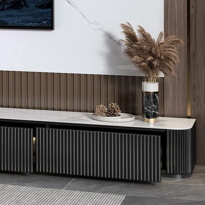 POVISON Fully-Assembled Modern TV Stand for Projector, Sintered Stone Entertainment Center with Storage for Living Room, TV Cabinet with Drawers for 120+ inch TV, Media Console for Living Room