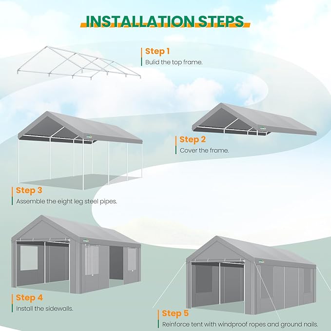 COBIZI Carport Canopy 12x20 Heavy Duty Portable Garage with Removable Sidewalls & Doors, Galvanized Frame Car Port Canopy Tent Waterproof with Built-in Sandbags for Car Boat Truck, Gray