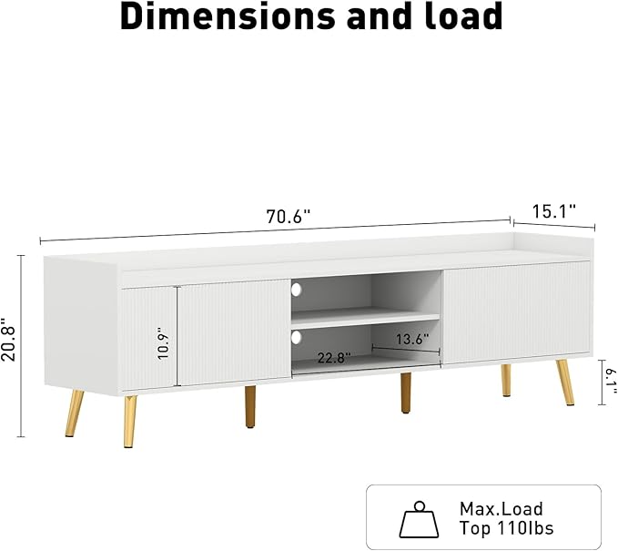 Bonzy Home 70'' Fluted TV Stand Modern Entertainment Center with Sliding Doors & Storage for up to 75'' TV, Media TV Console for Living Room & Bedroom, White