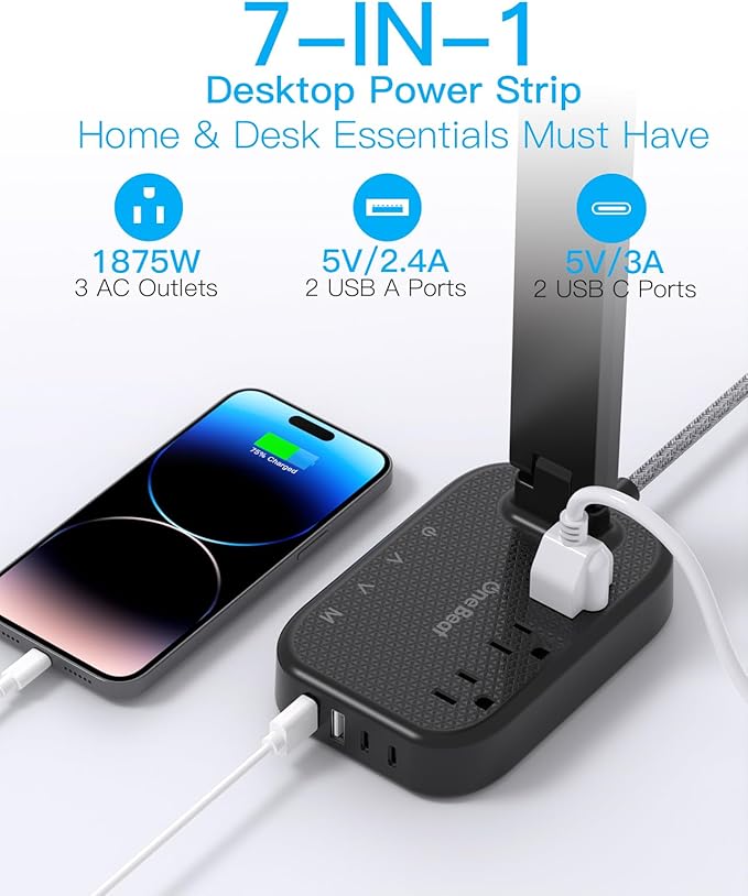 Power Strip with LED Desk Lamp, 3 Outlets 4 USB Ports(2 USBC) 4 Modes 5 Level Touch Lamp Small Desk Lamp for Home Office Bedroom Bedside, Study Reading Light, 5ft Extension Cord, Dorm Room Essentials