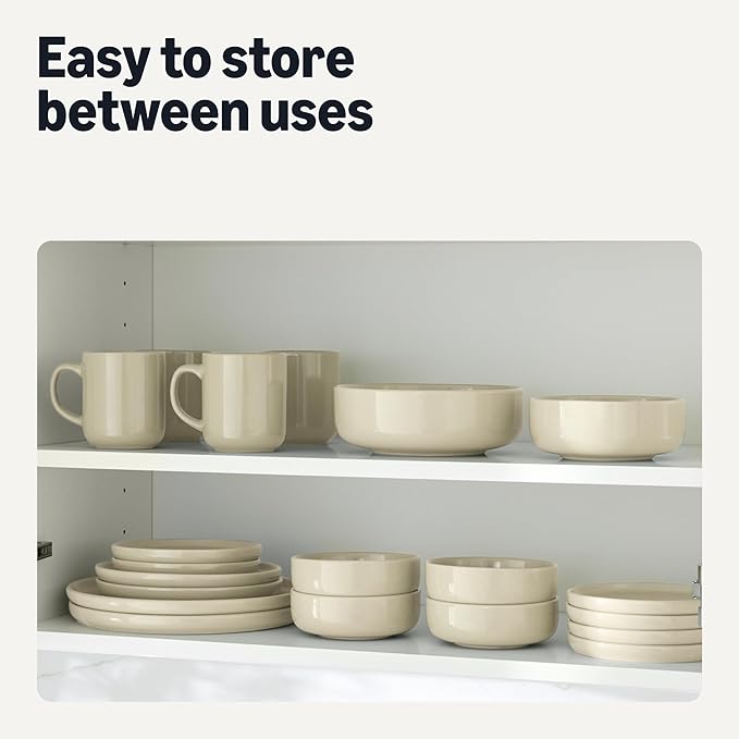 Amazon Basics Glazed Stoneware Dinnerware, Ceramic 12-Piece Set, 4 Full Place Settings, Dishwasher-Safe, Ivory