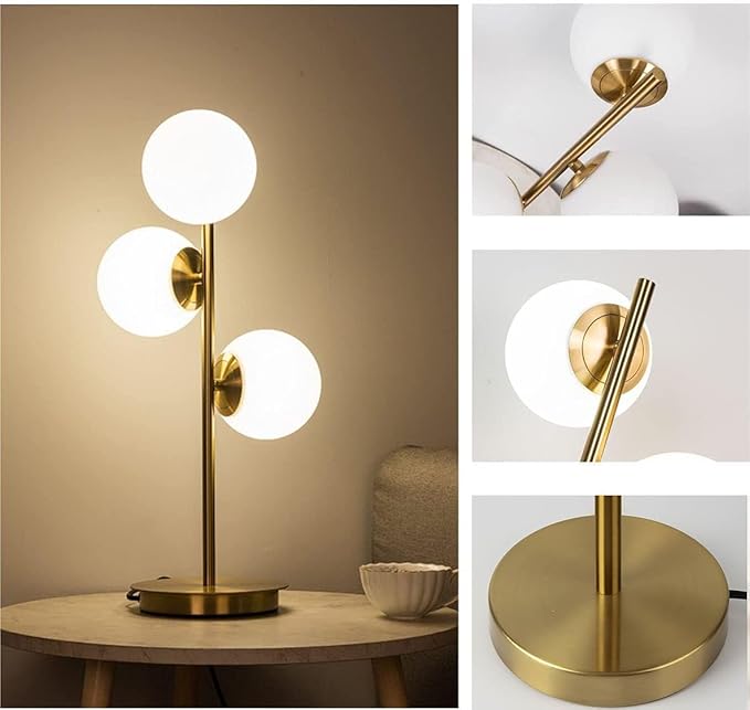 Modern Gold Globe Table Lamp Mid Century 3-Light Desk Lamp with Milk White Glass Shade Metal Base Nightstand Lamp for Bedroom Bedside End Table,G9 Bulb(Not Included)