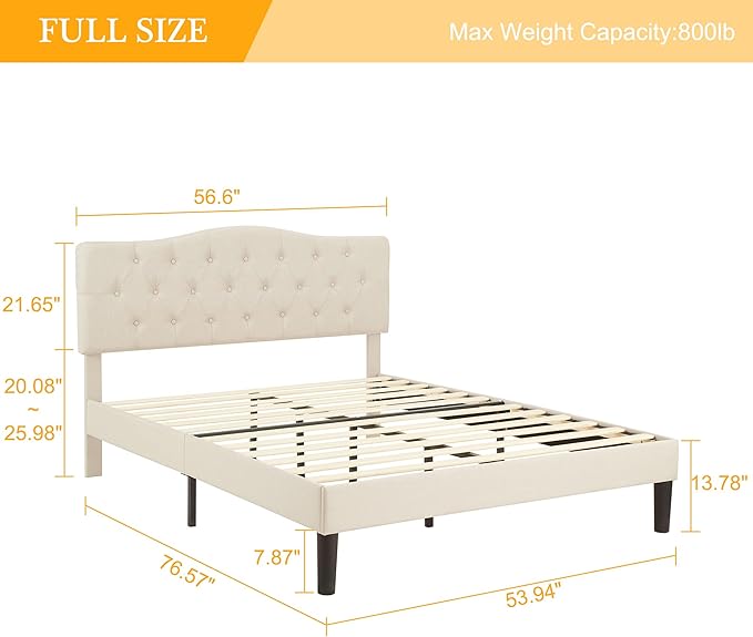 VECELO Full Size Platform Bed Frame with Fabric Upholstered Headboard and Wooden Slats Support, No Box Spring Needed/Easy Assembly,Beige