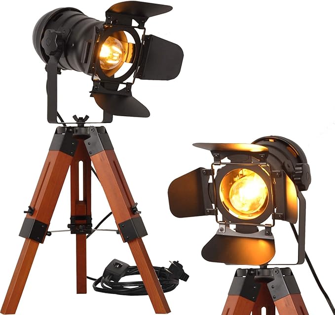 Modern Industrial Vintage Tripod Floor Table Lamp - Metal Wooden Nautical Cinema Standing Searchlight - Reading Light for Living Room Movie Theatre Decoration Adjustable Height (excluding Bulb)