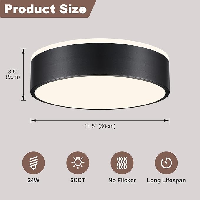 Dimmable Black LED Flush Mount Ceiling Lights, Modern 5CCT 2700K-6000K Close to Ceiling Light, Simple Round Kitchen Lighting Fixtures for Bedroom Hallway Entryway Laundry Room, 11.8 Inch