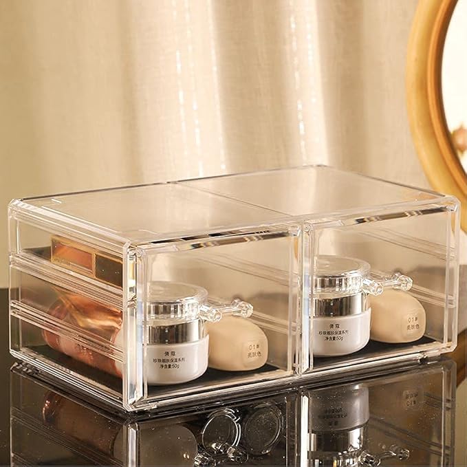 Cq acrylic 4 Pack Clear Make Up Organizers for Vanity,Stackable 7 Drawers Make Up Organizer,Cute Desk Organizer for Vanity Jewelry,Hair Clip,Beauty,Skincare Product Dresser Acrylic Drawer Organizer