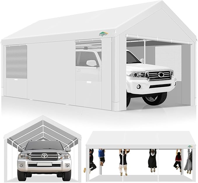 COBIZI Carport 10x20ft Heavy Duty Portable Garage, 2.0 Powder Coated Frame(Better Than Galvanized), Waterproof Shelter with Removable Sidewalls & Windows, Built-in Sandbags, for Car/Boat/SUV, White