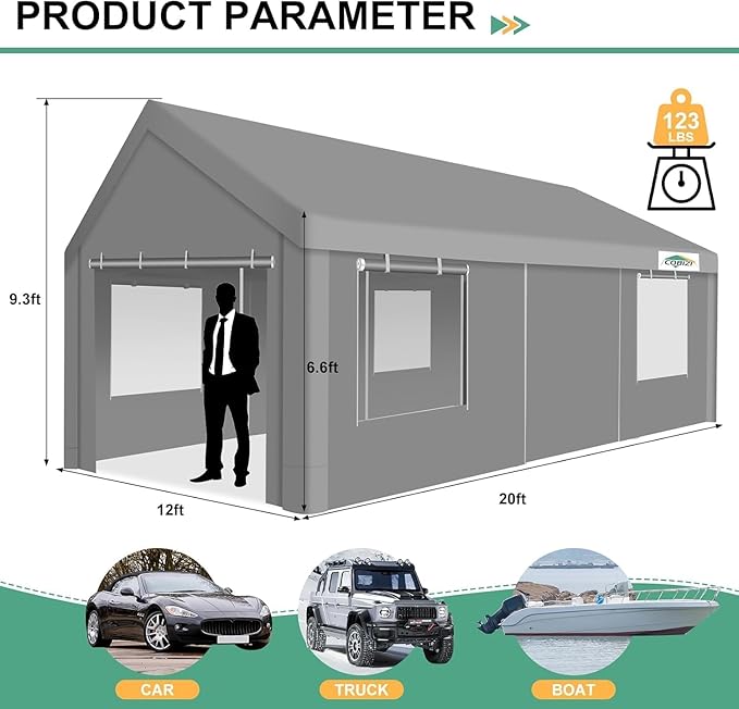 COBIZI Carport 12x20ft Heavy Duty Portable Garage, 2.0 Powder Coated Frame(Better Than Galvanized), Waterproof Shelter with Removable Sidewalls & Windows, Built-in Sandbags, for Car/Boat/SUV, Gray
