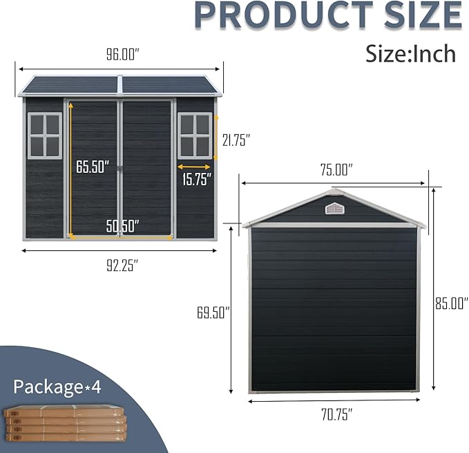 8x6 FT Outdoor Storage Resin Shed with Floor, Waterproof Plastic Garden Tool Shed with Windows, Vents & Lockable Door and Sloped Roof, Easy to Assemble Bike Shed for Patio, Backyard, Lawn, Black
