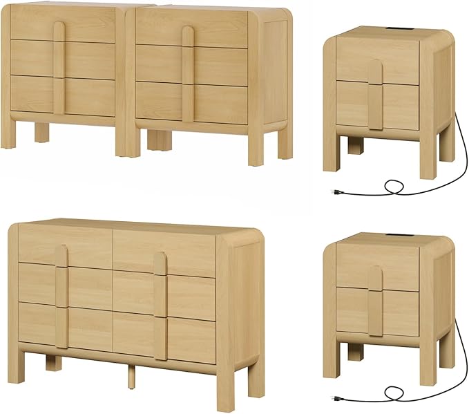 WAMPAT 5 Piece Dresser and Nightstand Sets for Bedroom, Modern 47.2" Wide 6 Drawer Chest & 3 Drawer Dresser Set of 2, and Nightstand Set of 2 with Charging Station,Oak