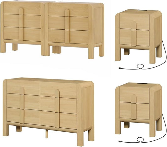 WAMPAT 5 Piece Dresser and Nightstand Sets for Bedroom, Modern 47.2" Wide 6 Drawer Chest & 3 Drawer Dresser Set of 2, and Nightstand Set of 2 with Charging Station,Oak