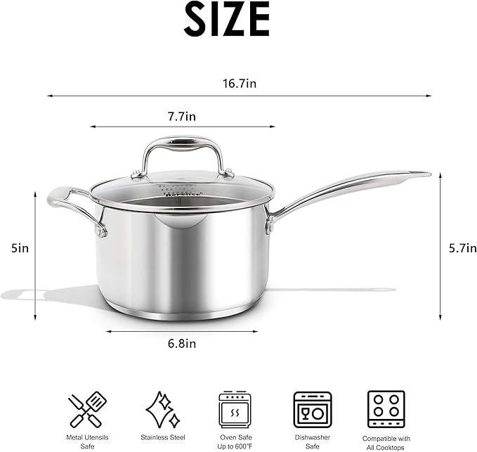 Rorence Stainless Steel Saucepan Sauce Pan with Pour Spout & Glass Lid with Strainer - 3.7 Quart