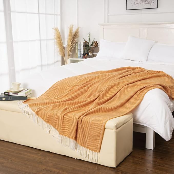 Gealaek Decorative Herringbone Faux Cashmere Throw Blanket Orange Cheveron Fringe Lightweight Fuzzy Soft Cozy Throws for Sofa Bed Farmhouse Throw Blanket 50" x 60"