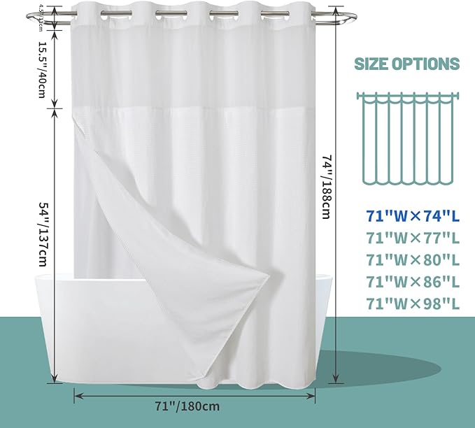 White No Hook Waffle Weave Shower Curtain with snap-in Liner Replacement, 230GSM Waterproof Fabric Hotel Shower Curtain Set for Bathroom, Through Mesh Top Window,71Wx74H