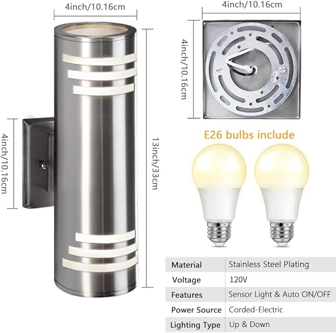 SHIMR Modern Outdoor Wall Lights Dusk to Dawn 2 Pack, Exterior Lighting Fixtures Stainless Steel with Brushed Nickel Finsh, Waterproof Up and Down Outside Lights for House, LED Bulbs Include