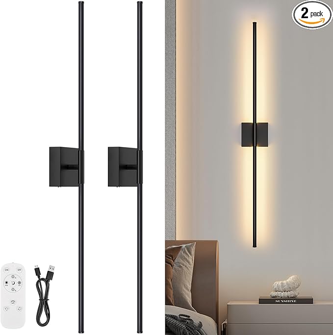 Battery Operated Wall Sconce Set of Two with Remote Control, 3000K-6000K Dimmable Black Wall Lights, Timable LED Wireless Wall Sconces, 350° Ratate for Bathroom, Living Room, Hallway 39.4 Inch