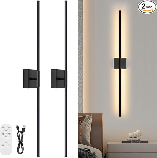 Battery Operated Wall Sconce Set of Two with Remote Control, 3000K-6000K Dimmable Black Wall Lights, Timable LED Wireless Wall Sconces, 350° Ratate for Bathroom, Living Room, Hallway 39.4 Inch