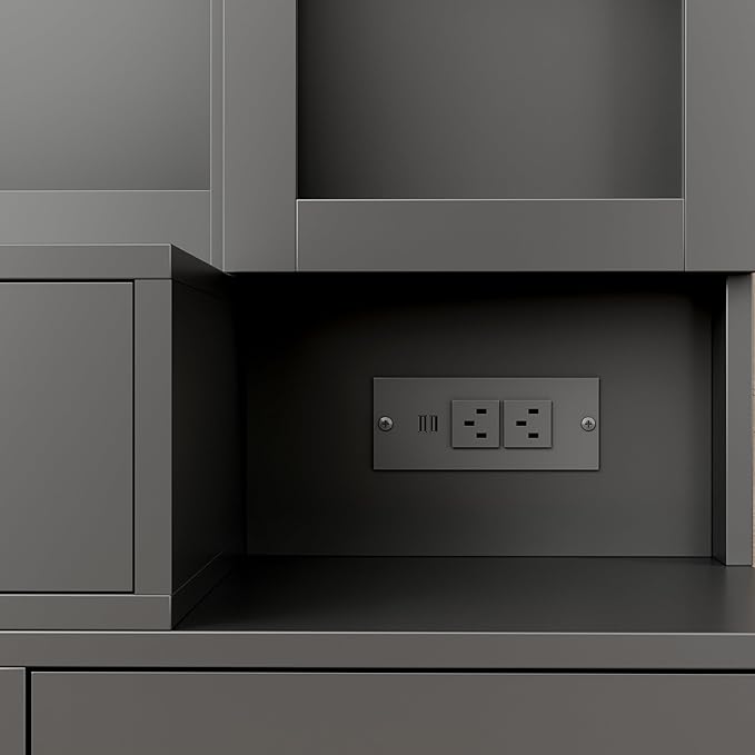 Black Makeup Vanity Desk with Sliding Mirror and LED Lights,Power Outlet&Vanity Stool for Makeup Table,Makeup Organizer Countertop with Cabinets&5 Storage Drawers