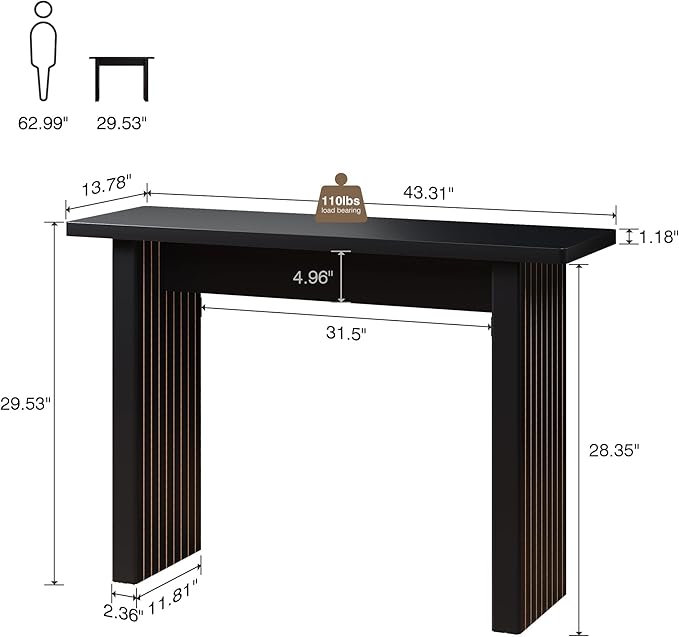 Fluted Entryway Console Table, Wooden Rectangular Sofa Table for Entrance, Narrow Wood Entryway Small Long Entry Table for Hallway, Living Room (Black)