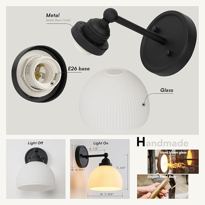 Vintage Wall Sconce 1-Light with White Striped Glass Globe Shade, Indoor Wall Mounted Lamp Fixture for Living Room Bedroom Kitchen Hallway