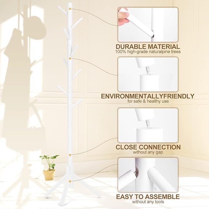 2PCS Solid Wooden Coat Rack Freestanding, New Zealand Pine Coat Tree with 8 Hooks & 3 Adjustable Sizes for Coats, Hats, Handbags and Scarves, Space Saving for Entryway/Office/Bedroom (White)