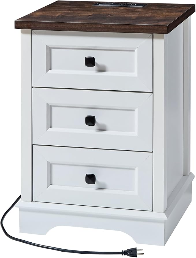 SOOWERY Dresser for Bedroom, Farmhouse Dresser with 3 Wooden Drawers and Storage Cabinet, 25 Inches Tall Side Table Chest of Drawers for Bedroom, Living Room, Hallway, White