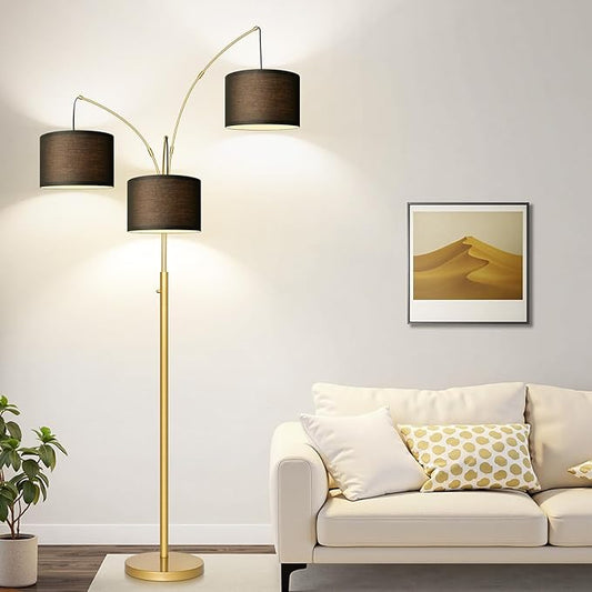 Nintiue Dimmable Floor Lamp - 3 Lights Gold Floor Lamps for Living Room with Black Shades & Heavy Base, Mid Century Tree Floor Lamp for Bedroom Office, 3 LED Bulbs Included