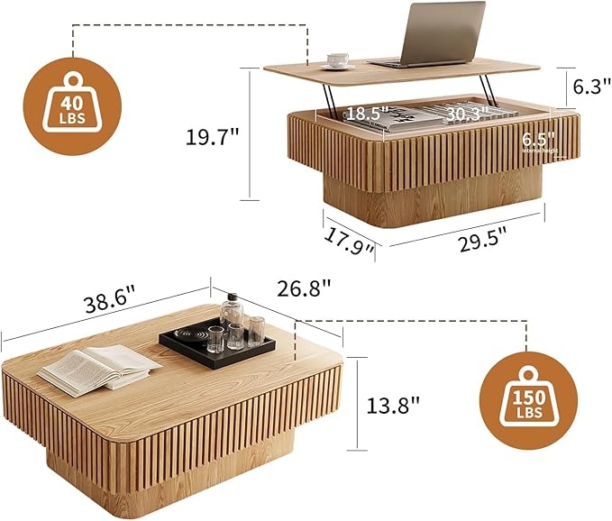 Lift Top Coffee Table for Living Room, Accent Fluted Coffee Table with Storage, Modern Solid Wood Veneered Rectangle Center Tea Table for Small Space Apartment (38.6''D×14''H-Natural)
