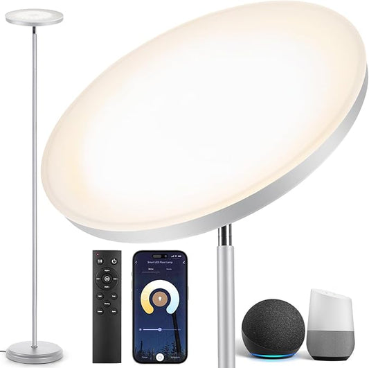 OUTON Smart LED Floor Lamp, 30W/3000LM Dimmable Bright Torchiere Sky Lamp Compatible with Alexa Google Home, WiFi Remote, Tall Standing Lamp with 4 Color Temperature for Living Room Bedroom Office