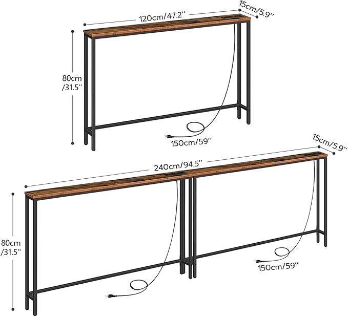 HOOBRO 2 Pack 5.9" Narrow Console Sofa Table with Power Outlets, 47.2" Long Behind Couch Table with Charging Station, Skinny Sofa Table for Living Room, Foyer, Rustic Brown BF15XGP201G1