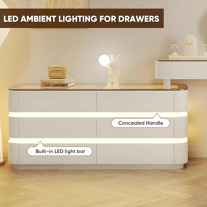 Vanity Set - Solid Wood Vanities Desk with LED Smart Mirror and Drawers, Modern Vanity Table with Glass Countertop and Makeup Stool, Vanities for Bedroom, Gifts for Her (White)