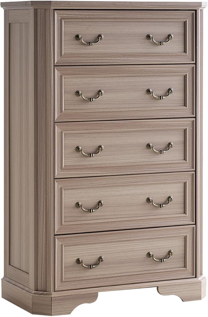 Farmhouse 48" Tall 5 Drawers Dresser for Bedroom, Wood Rustic Chest of Drawers with Corner Bevel Shape, Closet Storage Dressers Organizer for Bedroom, Living Room, Hallway, Grey Walnut