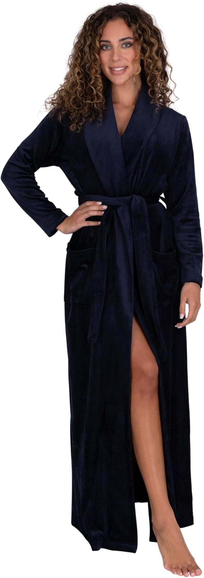 Be Relax Terry Velour Robe - Made of Polyester, Shawl Collar Robe with Belt & Side Pockets, Soft & Warm Bathrobe for Women