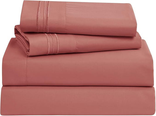Clara Clark Bed Sheets, Premier 1800 Series Bed Sheet Set, Deep Pocket, Wrinkle, Fade, Stain Resistant, Luxury Soft Bedding Sheets & Pillowcases, Split King, Pink Clay