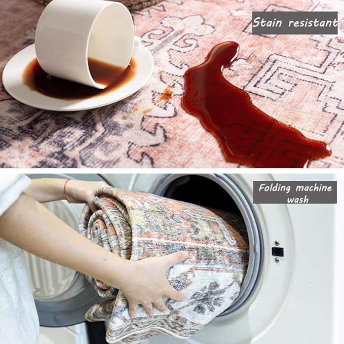 Washable Area Rug 9x12 Retro Flowers Boho Design Non-Shedding Easy Care Ideal for High Traffic Areas in Living Room Bedroom Office Coffee Table Kitchen Large Carpet