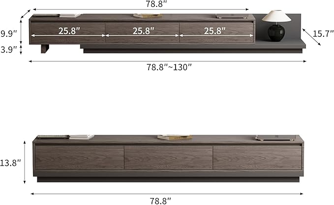 Mid-Century Modern Extendable TV Stand with Ample Storage for Living Room – Adjustable TV Cabinet from 78.7" to 130", 3-Drawer Entertainment Center, Black Walnut