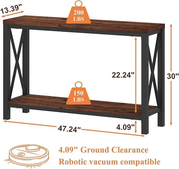 BON AUGURE 2 Tier Console Table for Entryway, Metal Wood Sofa Table Behind Couch for Living Room, Industrial Entry Tables for Hallway, Foyer, Front Door, Entrance (Rustic Oak, 47 Inch)