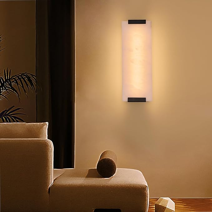 14.2in Alabaster Wall Sconces, Large Natural Marble Wall Sconces Set of Two, LED Modern Wall Lamp for Bedroom, Stairs, Living Room, Vanity, Bedside, Hallway （Black 12W）