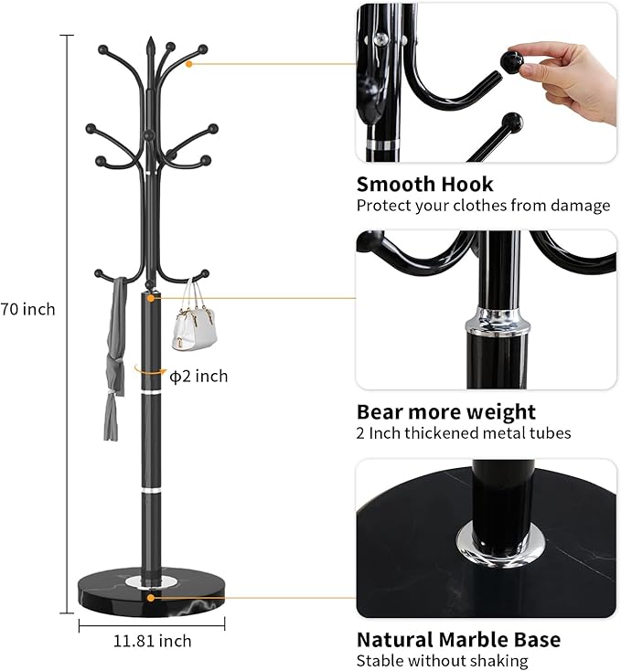 Metal Coat Rack Freestanding, Sturdy Coat Rack Stand with Natural Marble Base, Modern Black Coat Racks Tree Hats Hanger Holder Stand for Entryway, Hallway, Office(12 Hooks)