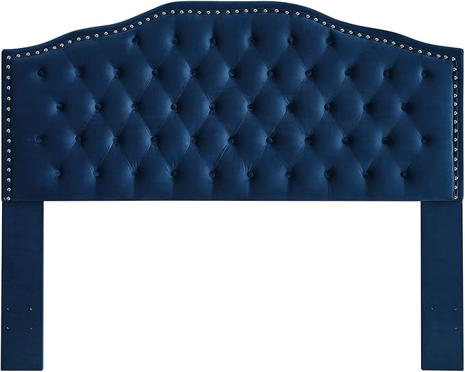 24KF Upholstered Button Tufted Queen Headboard with Nailhead Trim, Soft Velvet Fabric Headboard Queen/Full WM-6031-Q-NAVY