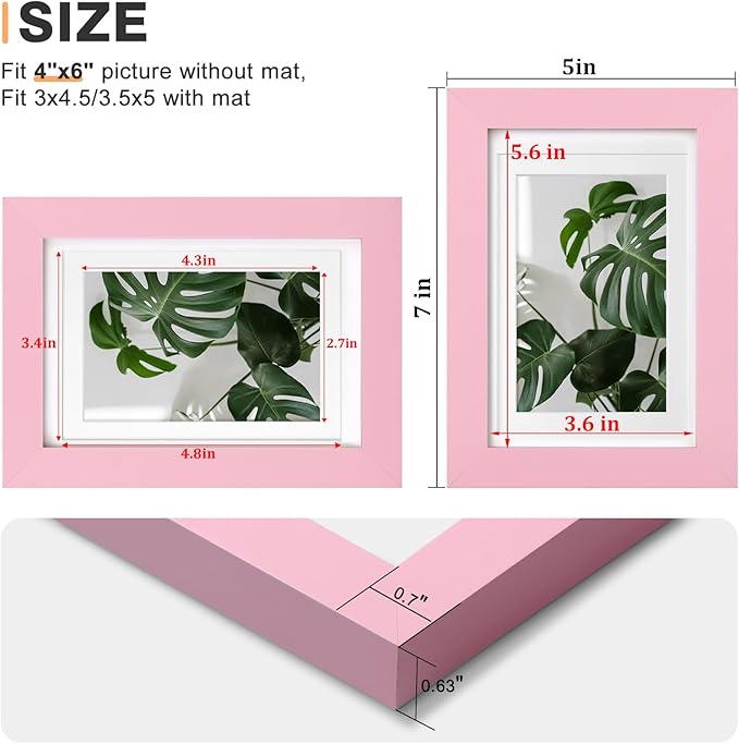 Egofine 4x6 Picture Frame with Plexiglass, Display Pictures 3.5x5 with Mat or 4x6 Without Mat for Tabletop and Wall Mounting, Pink