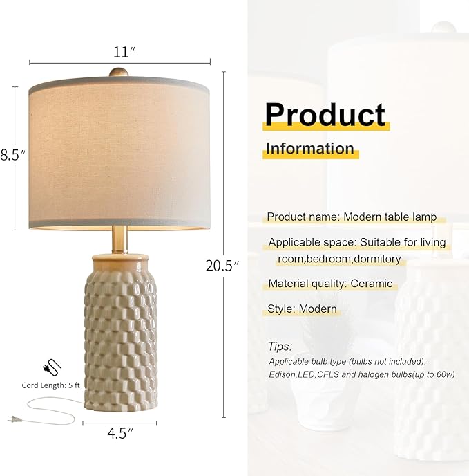 20.5" Modern Ceramic Bedside Lamp Set of 2 for Bedroom Decor Farmhouse Table Lamp for Living Room Office Dorm