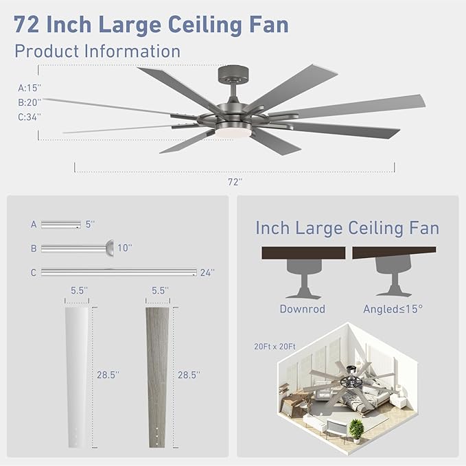 72 Inch Smart Ceiling Fan with Light and Remote, Silver Ceiling Fan with Quiet Reversible DC Motor, Control Via WiFi Alexa App, 3CCT Dimmable Large Indoor/Outdoor Ceiling Fans for Patio Garage