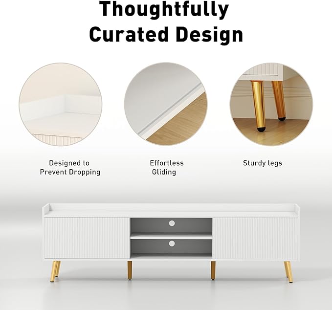 Bonzy Home 70'' Fluted TV Stand Modern Entertainment Center with Sliding Doors & Storage for up to 75'' TV, Media TV Console for Living Room & Bedroom, White