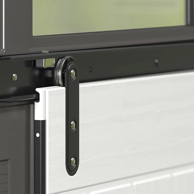 Suncast Modernist 10 Foot by 7 Foot Outdoor Plastic Storage Shed with Pad Lockable Sliding Barn Door for Outdoor Storage Items, Gray and Black