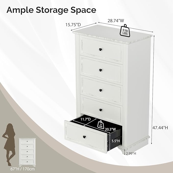 VINGLI White Dresser, 47" Tall Dresser Wood, 5 Drawer Dressers for Bedroom, White Chest of Drawers