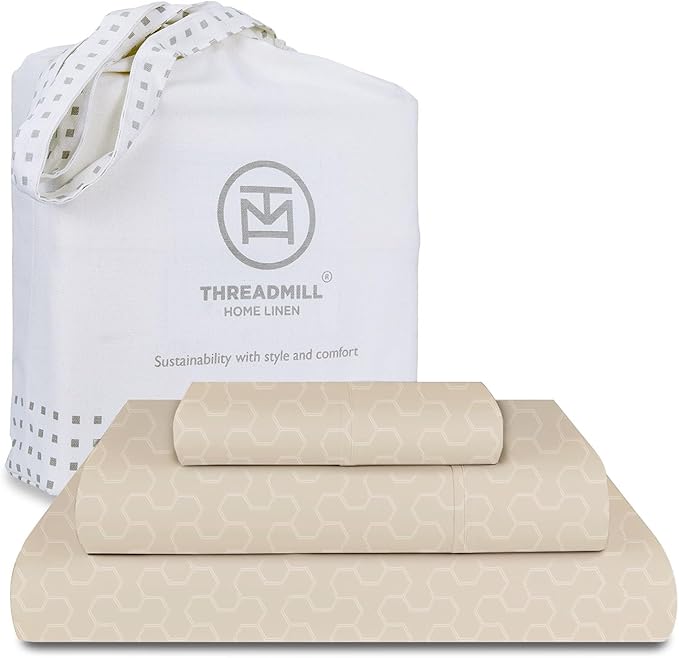 Threadmill Cotton Twin Sheet Set | 500TC 100% Cotton Twin Bed Sheets - Damask Jacquard Sateen, Soft Breathable 3-Piece Cooling Set - Beige