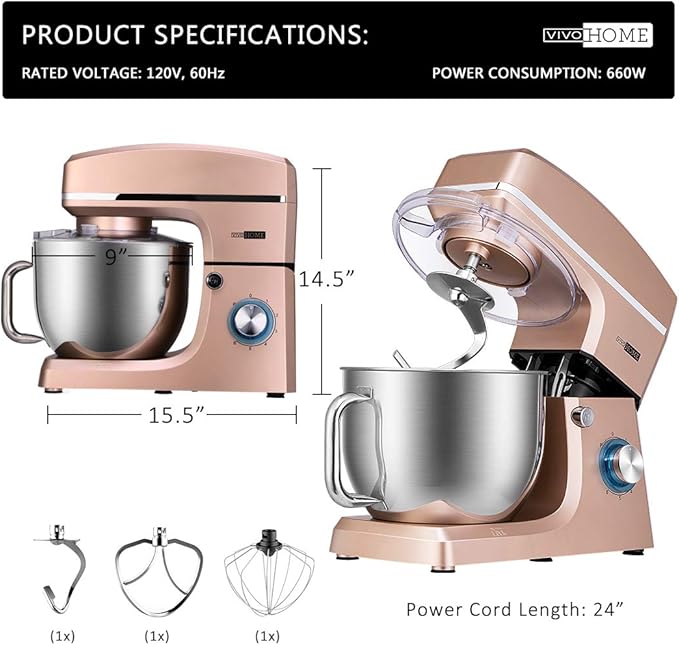 VIVOHOME 7.5 Quart Stand Mixer, 660W 6-Speed Tilt-Head Kitchen Electric Food Mixer with Beater, Dough Hook, Wire Whip, and Egg Separator, Champagne